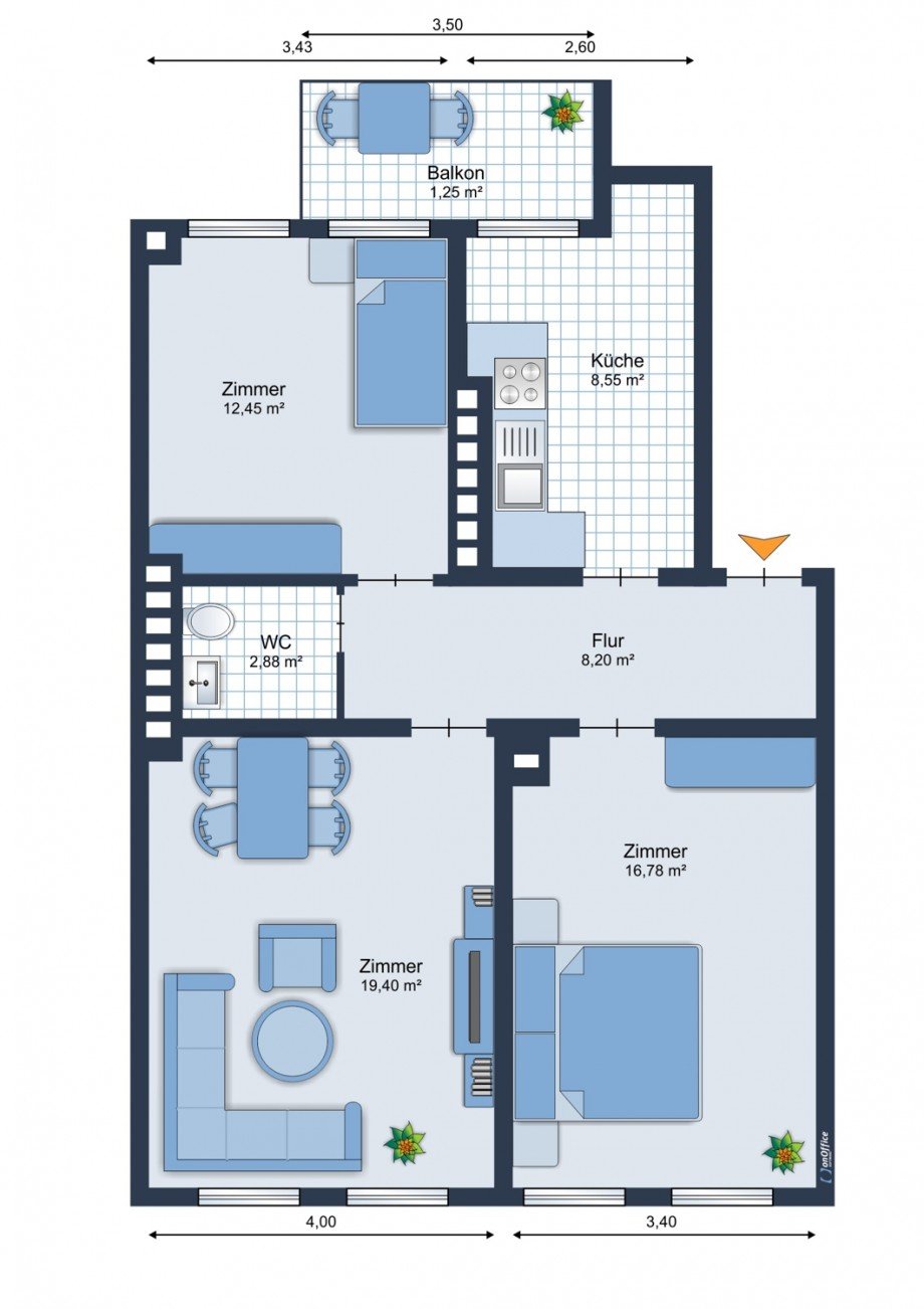 Grundriss 1.OG Etagenwohnung Kiel / Bl�cherplatz